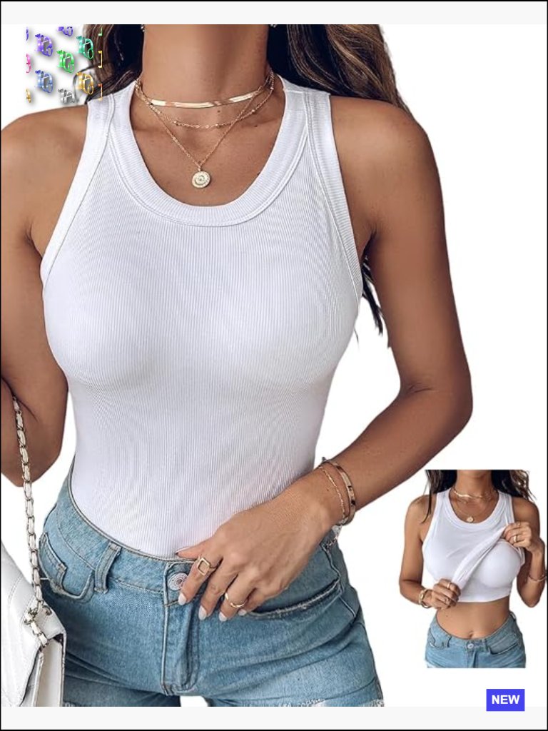 Ribbed Tank Top With Built-In Bra Sleeveless Racerback Fitted Casual Top